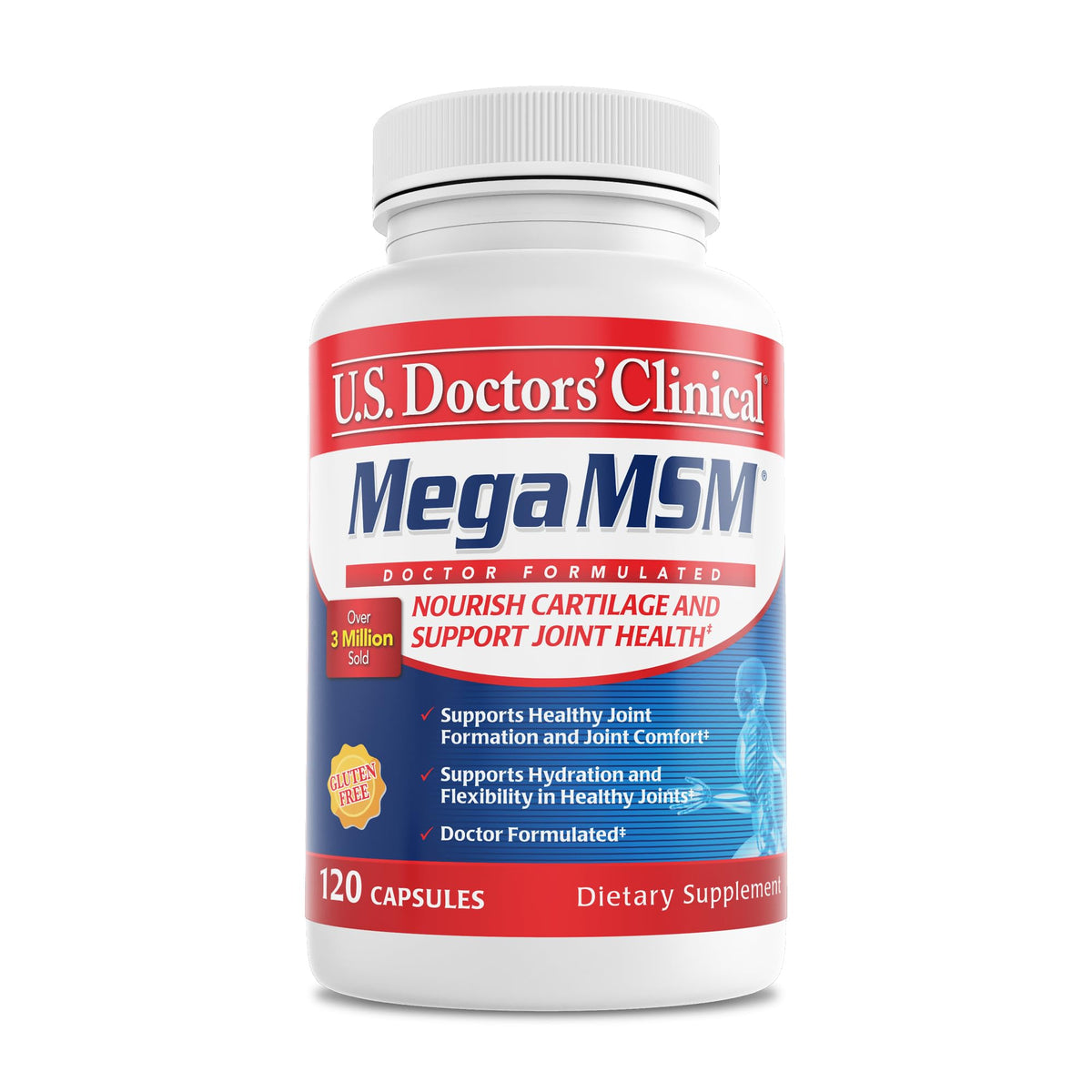 US Doctors’ Clinical Mega MSM bottle front promotes flexible joint movement.