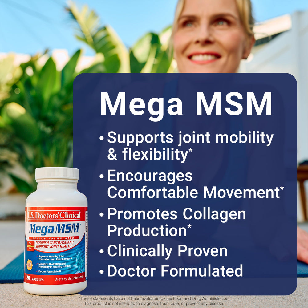 US Doctors’ Clinical Mega MSM bottle side shows compact capsule format for daily use.