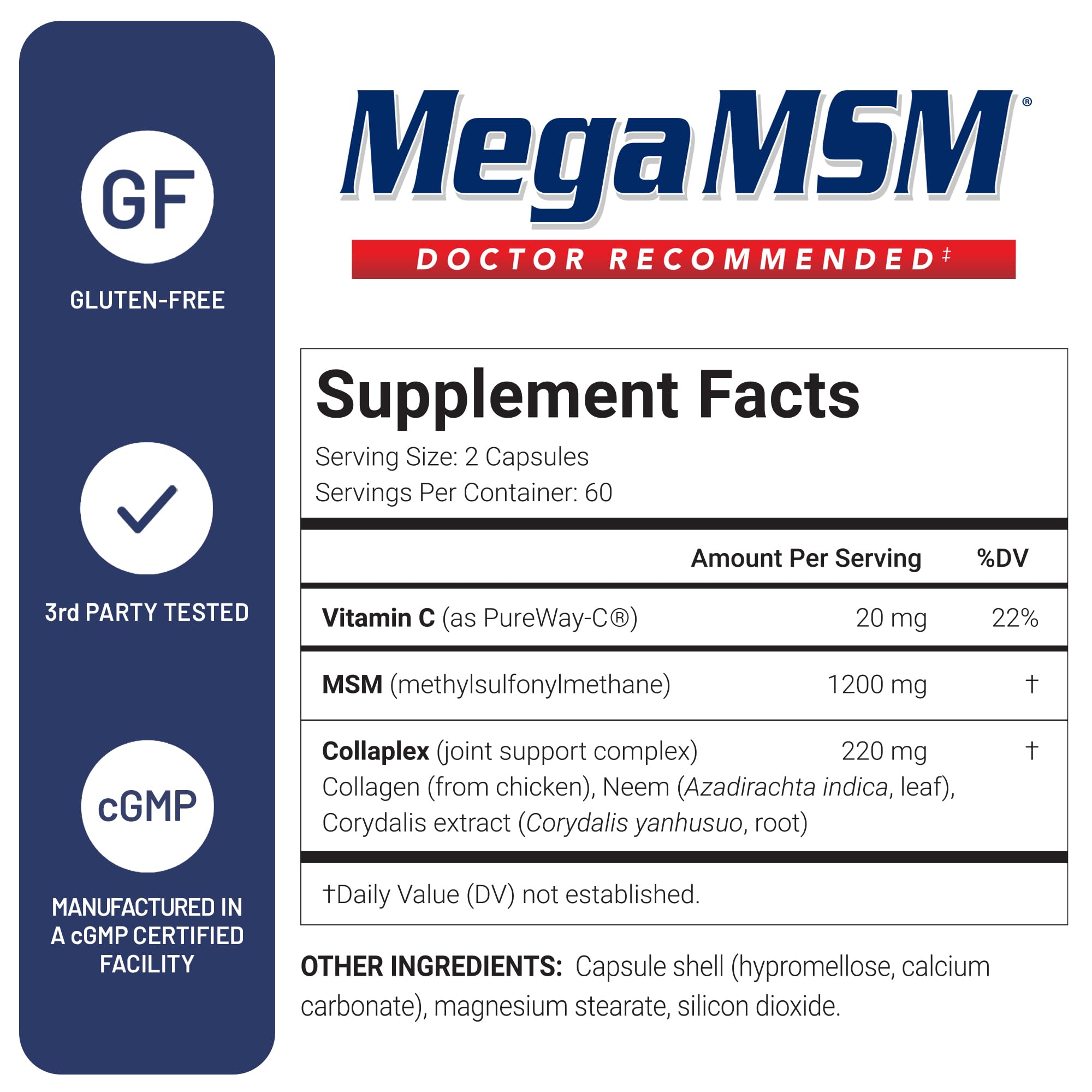 US Doctors’ Clinical Mega MSM label detail emphasizes premium, USA-made quality.