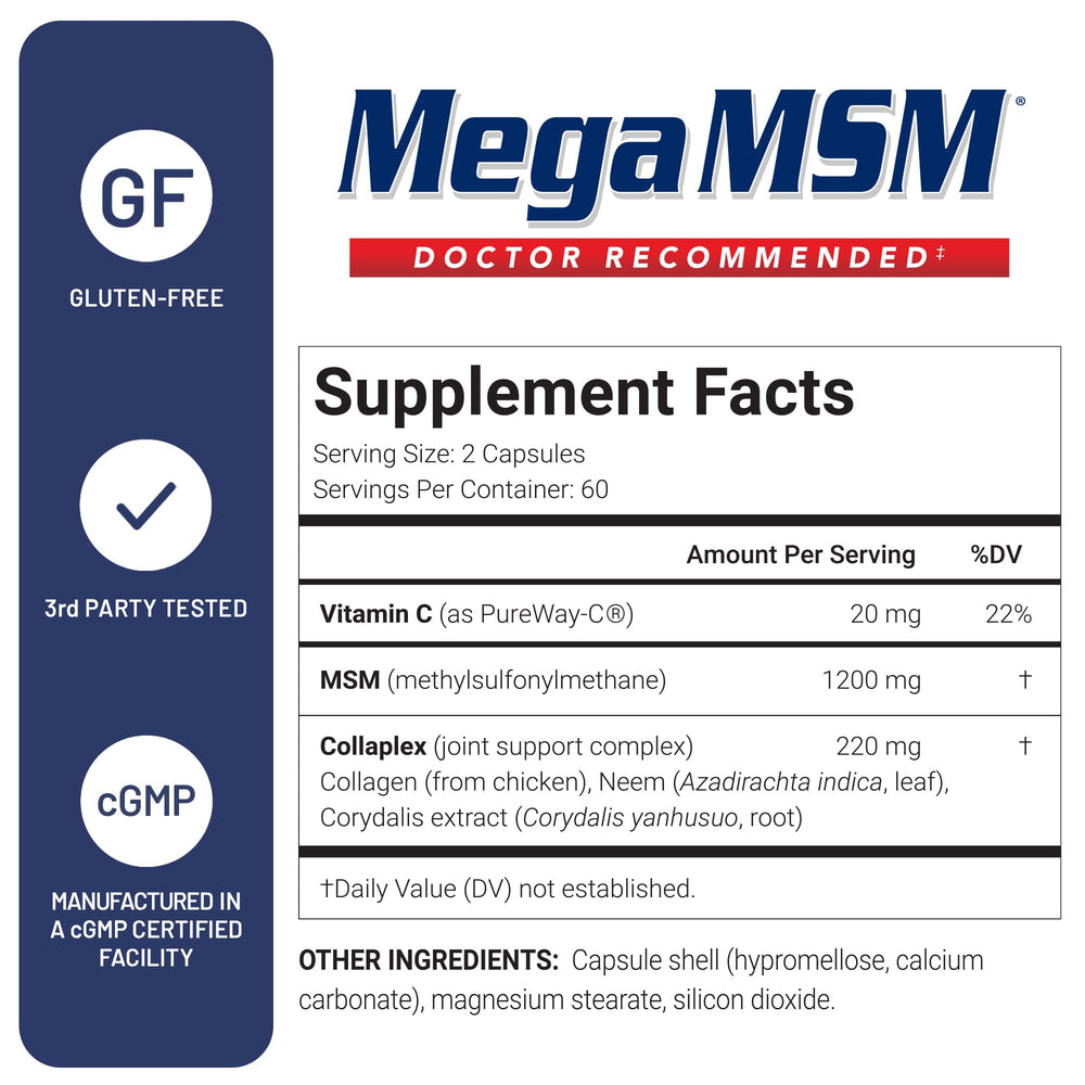 US Doctors’ Clinical Mega MSM label detail emphasizes premium, USA-made quality.