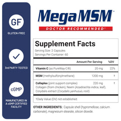 US Doctors’ Clinical Mega MSM label detail emphasizes premium, USA-made quality.