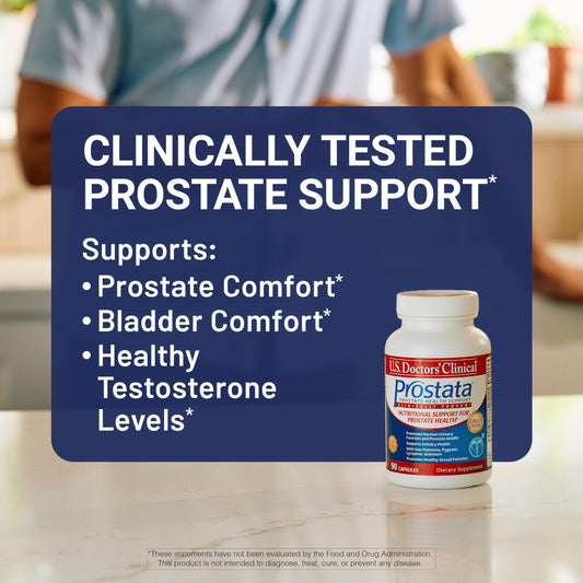 Prostata capsules in bottle shown for daily urinary comfort.