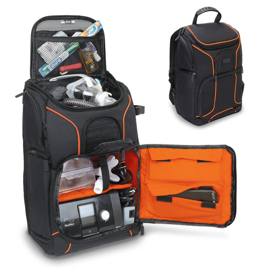USA Gear CPAP Backpack orange exterior with quick-access front pocket for essentials.
