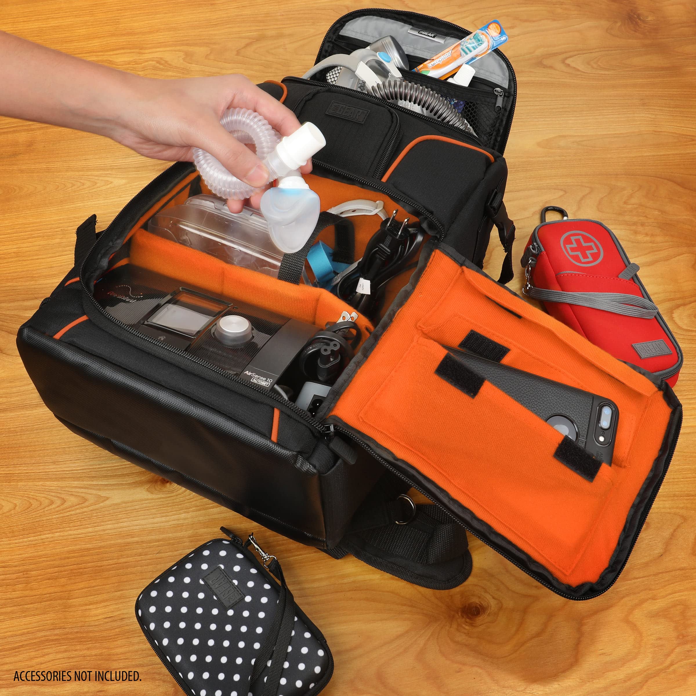 USA Gear CPAP Backpack organized interior for hoses, masks and accessories.