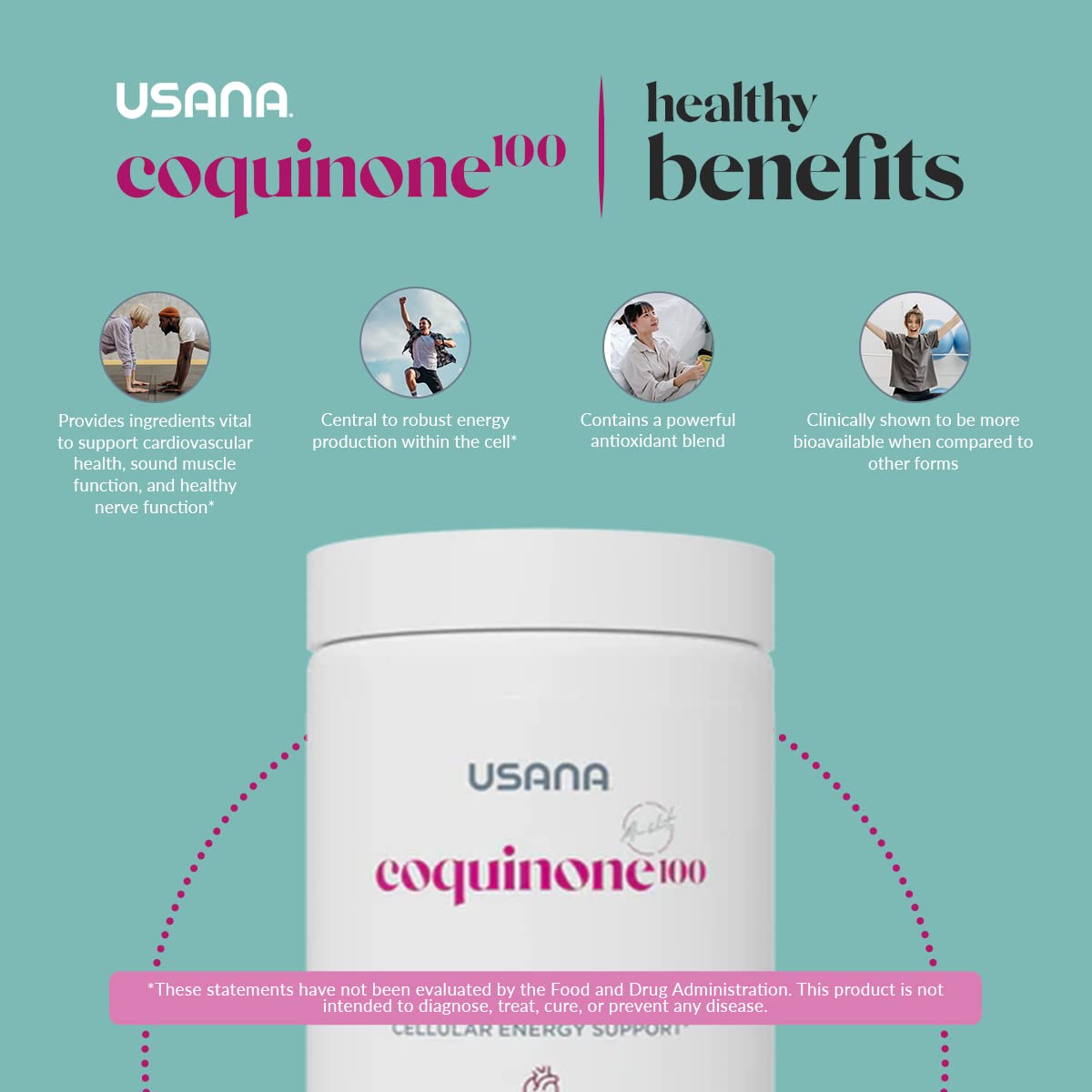 USANA CoQuinone 100 bottle beside glass of water for routine wellness.