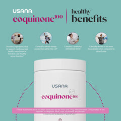 USANA CoQuinone 100 bottle beside glass of water for routine wellness.
