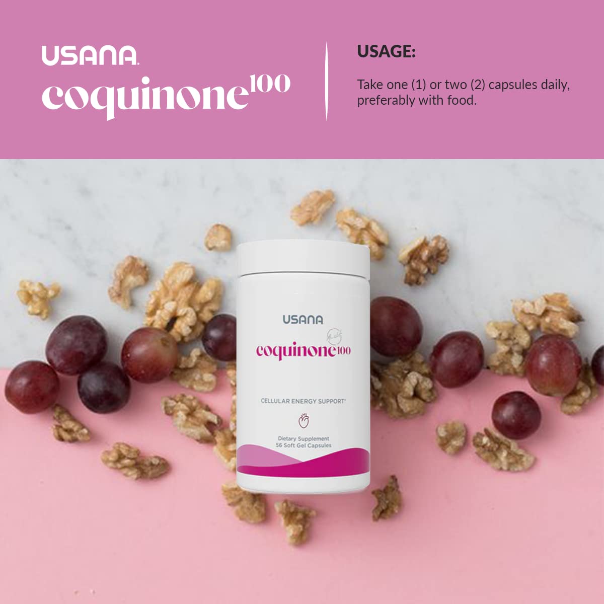 USANA CoQuinone 100 packaging and branding emphasizing premium heart health support.