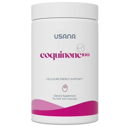 USANA CoQuinone 100 softgels close-up highlights the high-absorption formula.