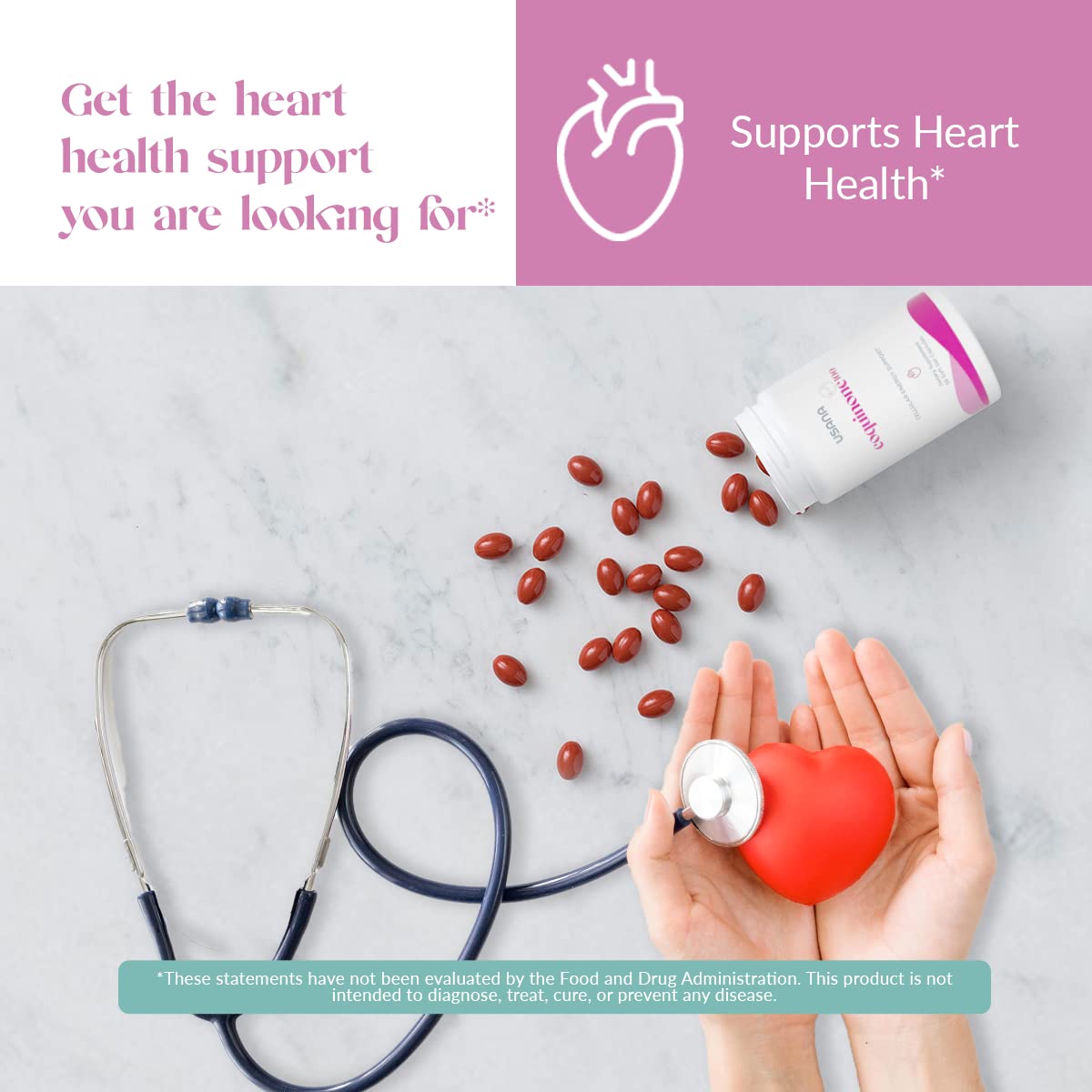 USANA CoQuinone 100 softgels poured from bottle for easy daily use.