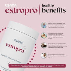 USANA EstroPro ingredients label emphasizes phytoestrogens for menopausal comfort