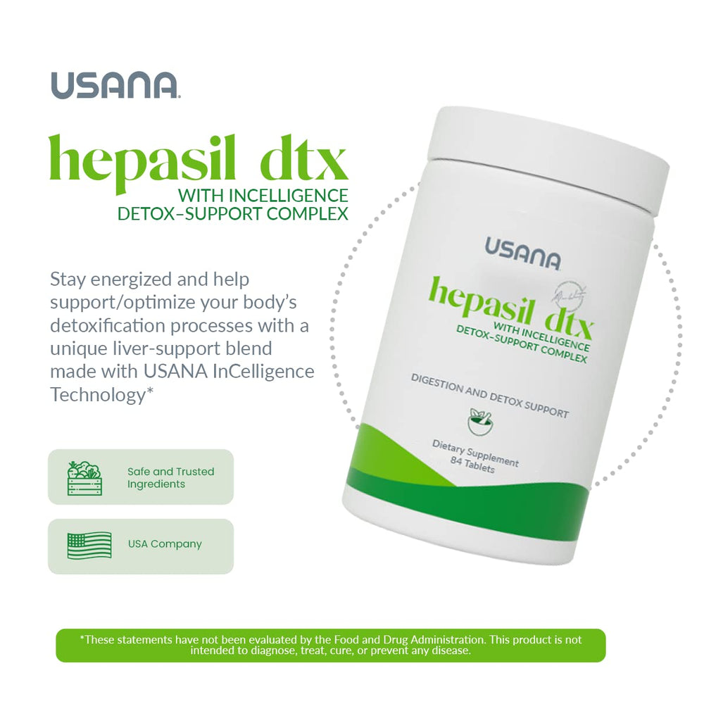 USANA Hepasil DTX bottle back label with ingredients and usage details