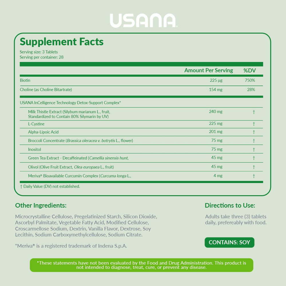 USANA Hepasil DTX tablets close-up showing a compact bi-layer design