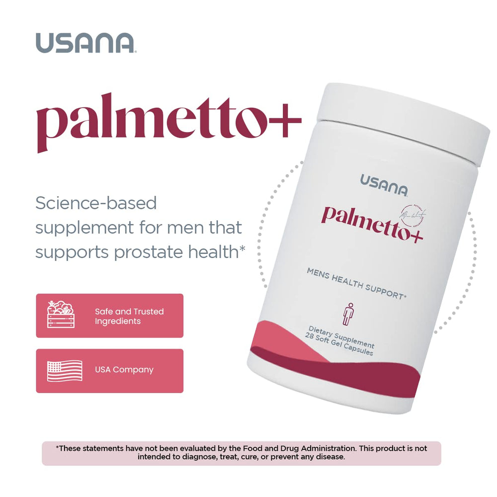 USANA Palmetto Plus bottle close-up highlighting lycopene and antioxidants.