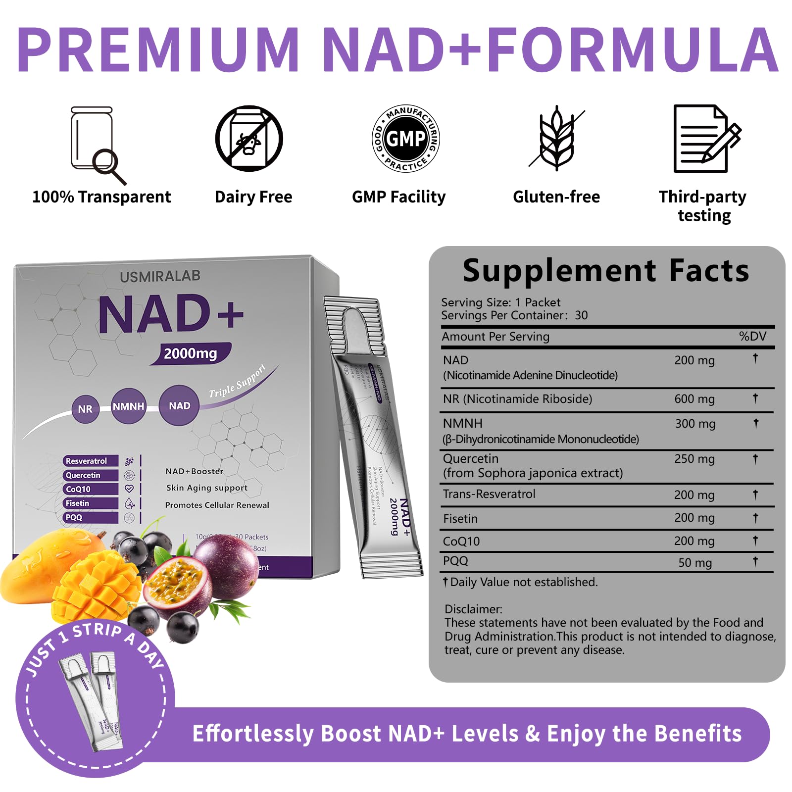 USMIRALAB NAD+ berry flavor packaging highlights the formula