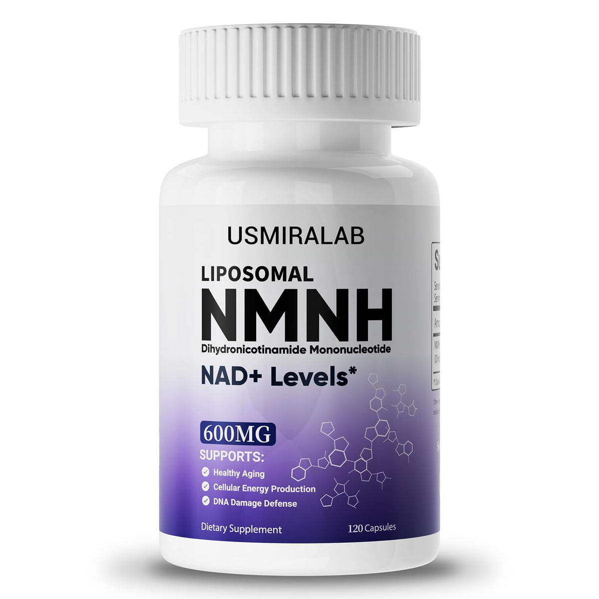 USMIRALAB Pure NMNH bottle showcase with dosage details and daily vitality potential
