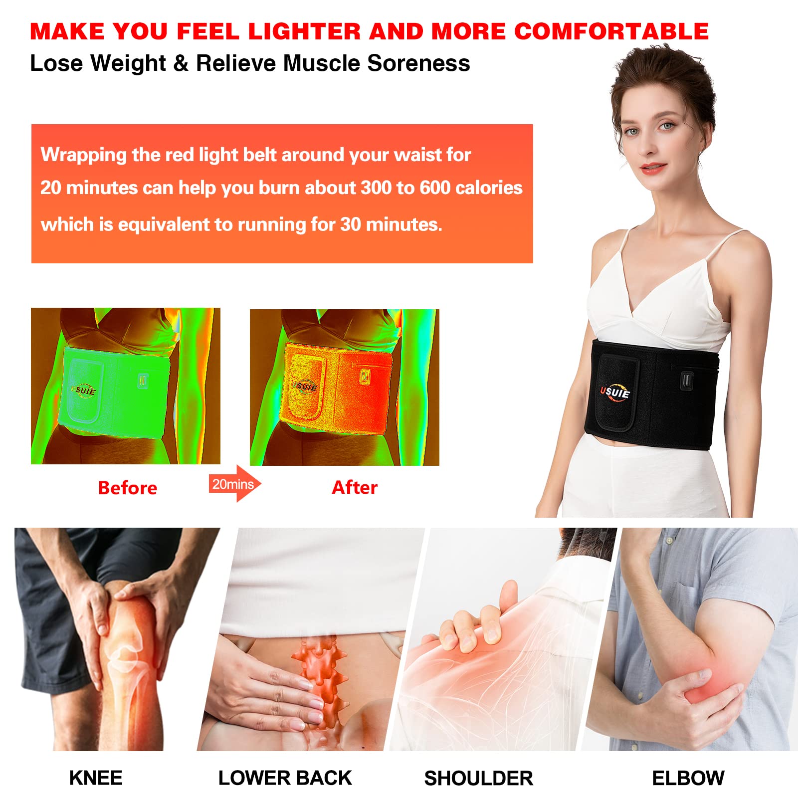 USUIE red-light-therapy belt 660nm LED closeup showing skin-friendly light for revitalization.