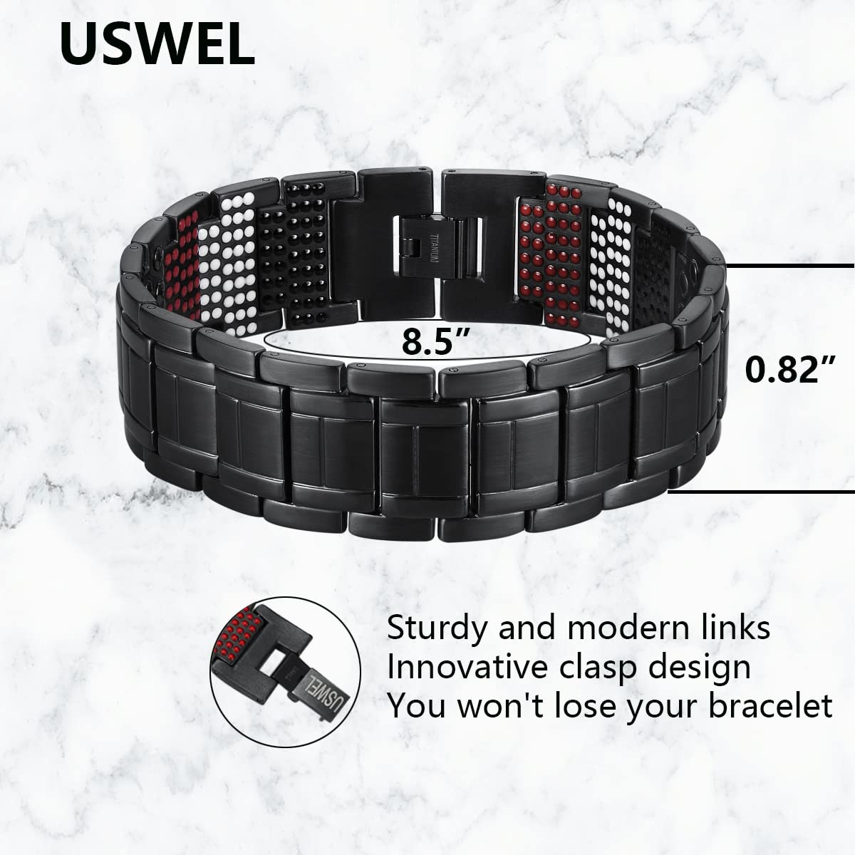 USWEL Strengthen bracelet packaging with velvet pouch suggests premium gifting.