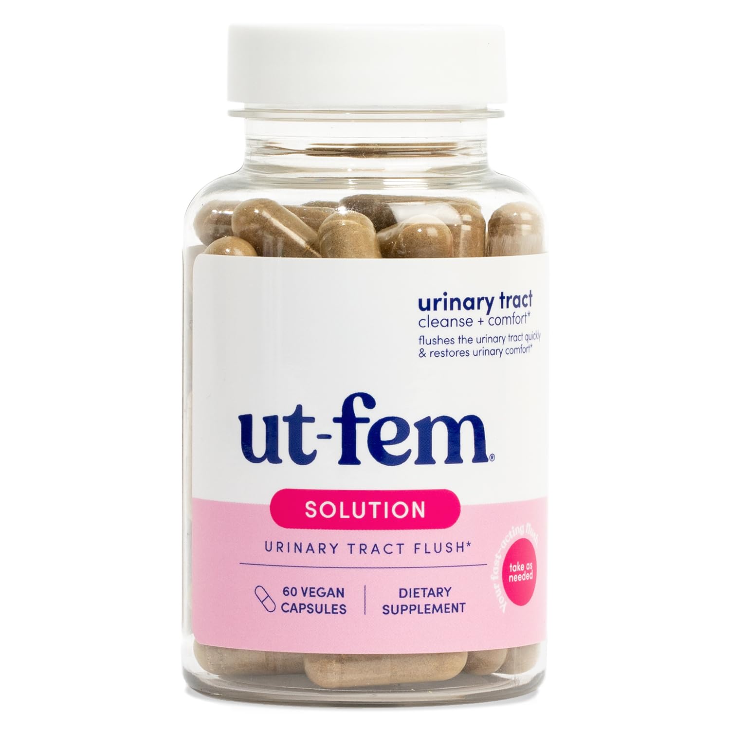 UT-Fem Solution bottle front view with vegan capsules for convenient urinary care.
