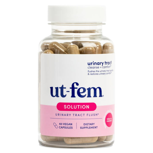UT-Fem Solution bottle front view with vegan capsules for convenient urinary care.