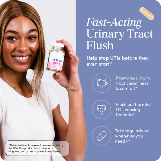 Close-up of UT-Fem Solution capsules highlighting the D-Mannose and cranberry blend.