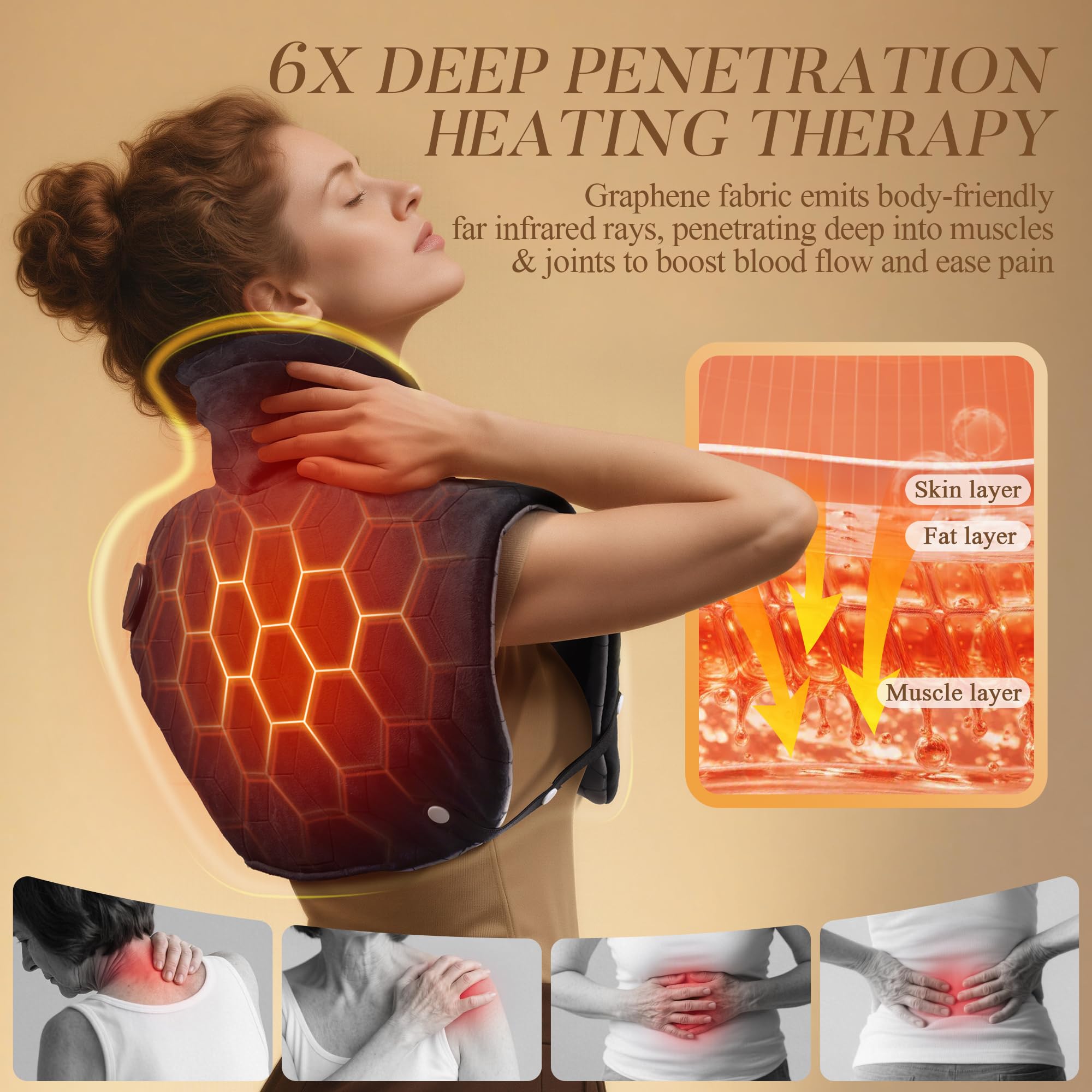 UTK heating pad positioned on back and shoulders for deep warmth and comfort.