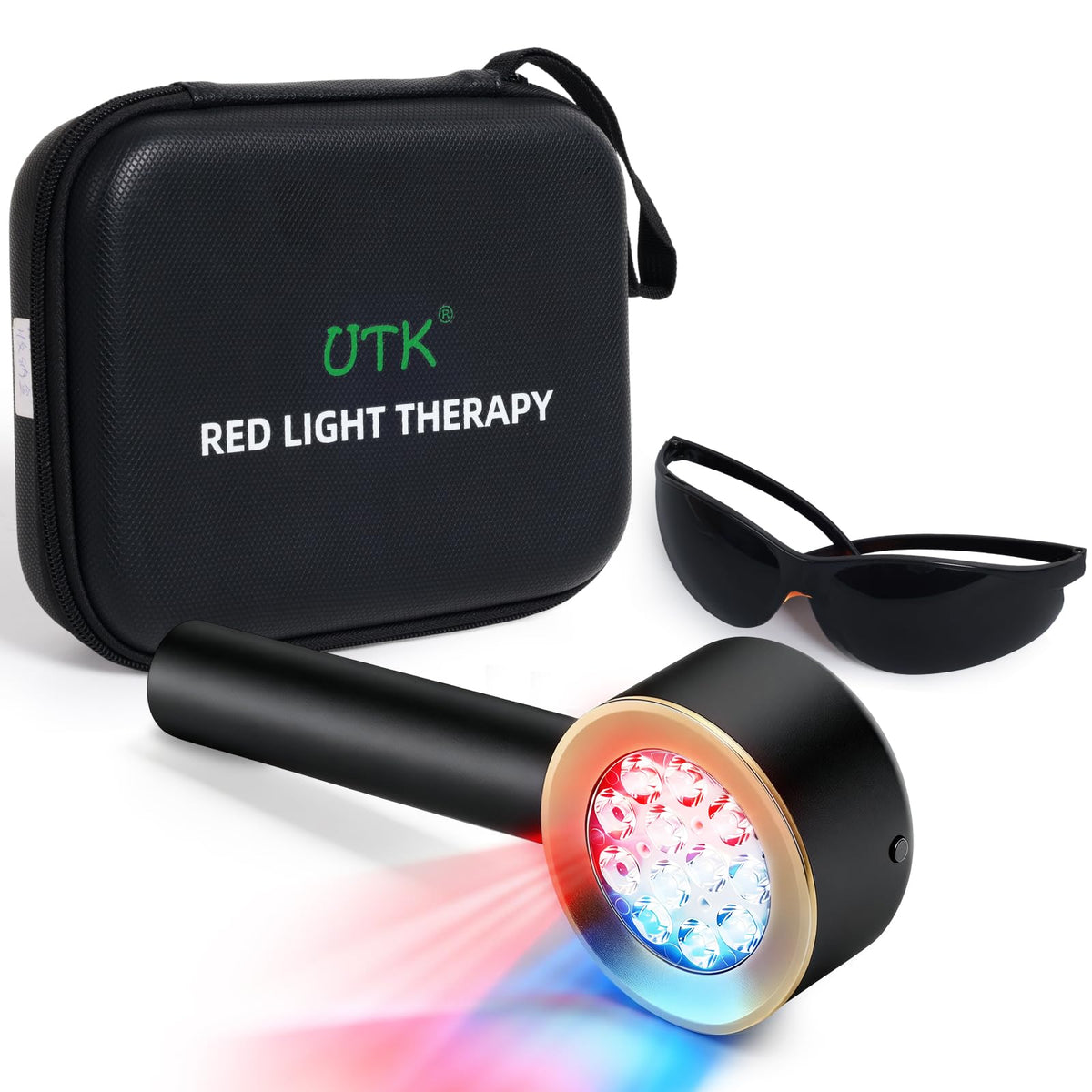 UTK handheld blue and red light therapy device for at-home skincare and muscle comfort.
