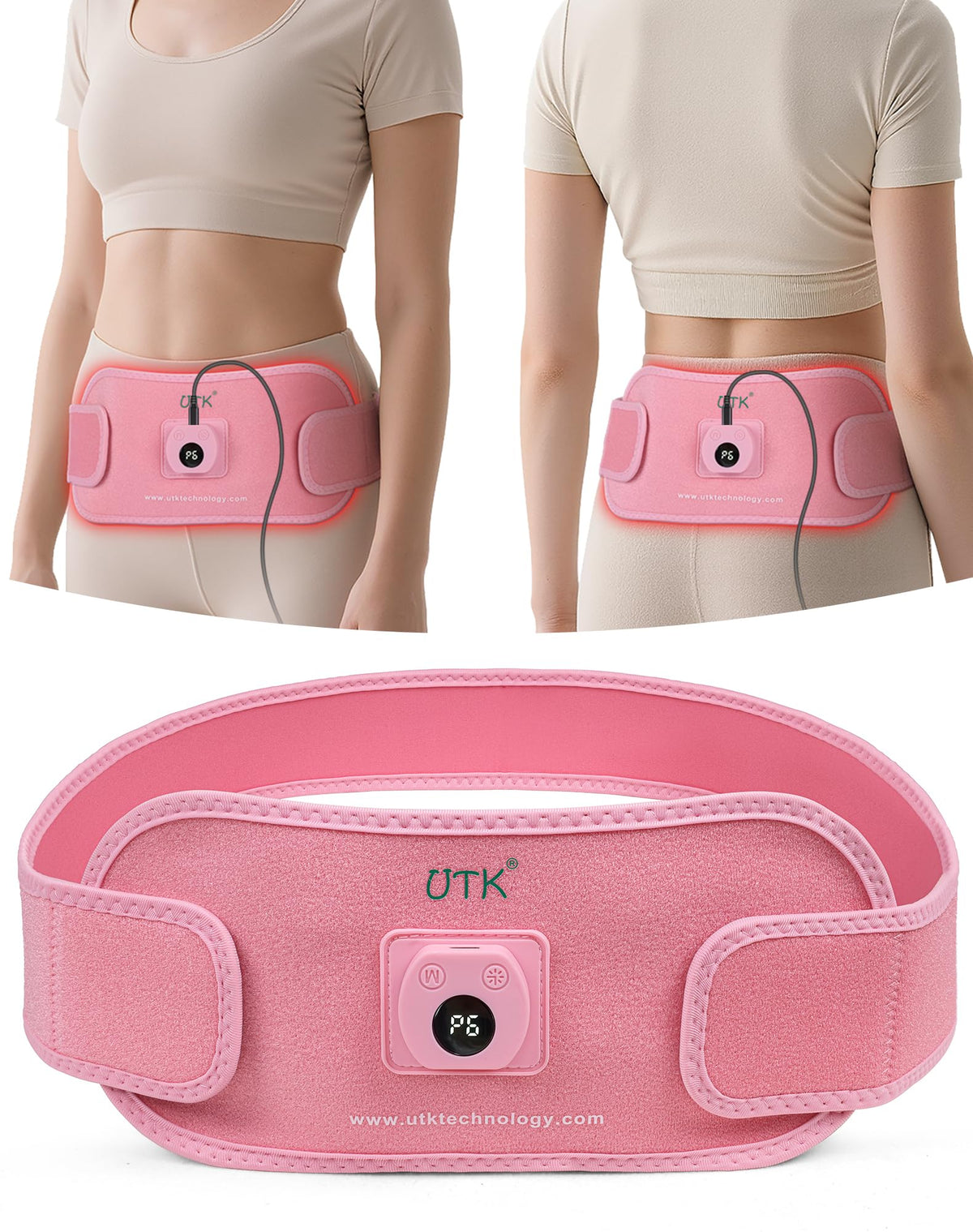 UTK heating pad front view shows wearable belt for targeted period comfort.