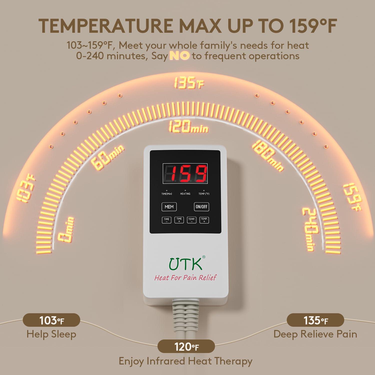 UTK heating pad thermostat control provides precise temperature settings.
