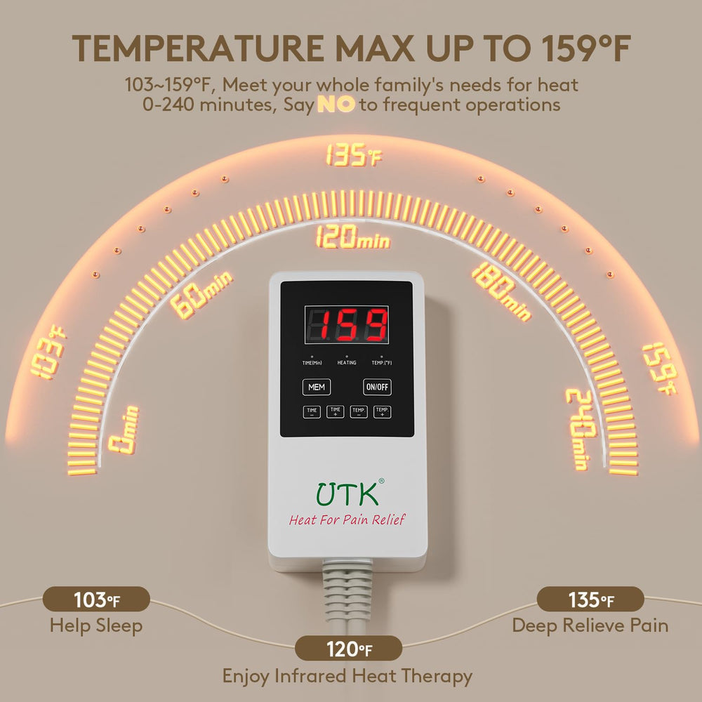 UTK heating pad thermostat control provides precise temperature settings.