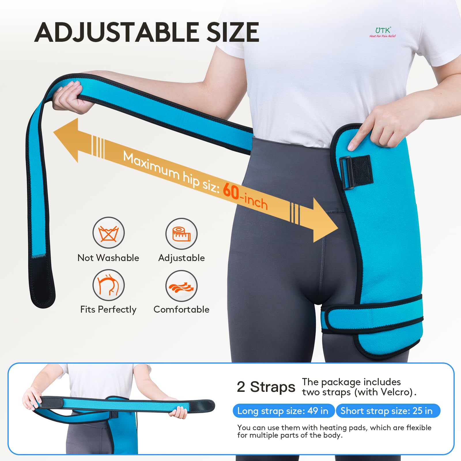 Adjustable strap demonstrates secure fit for hip circumference 35-60 inches.