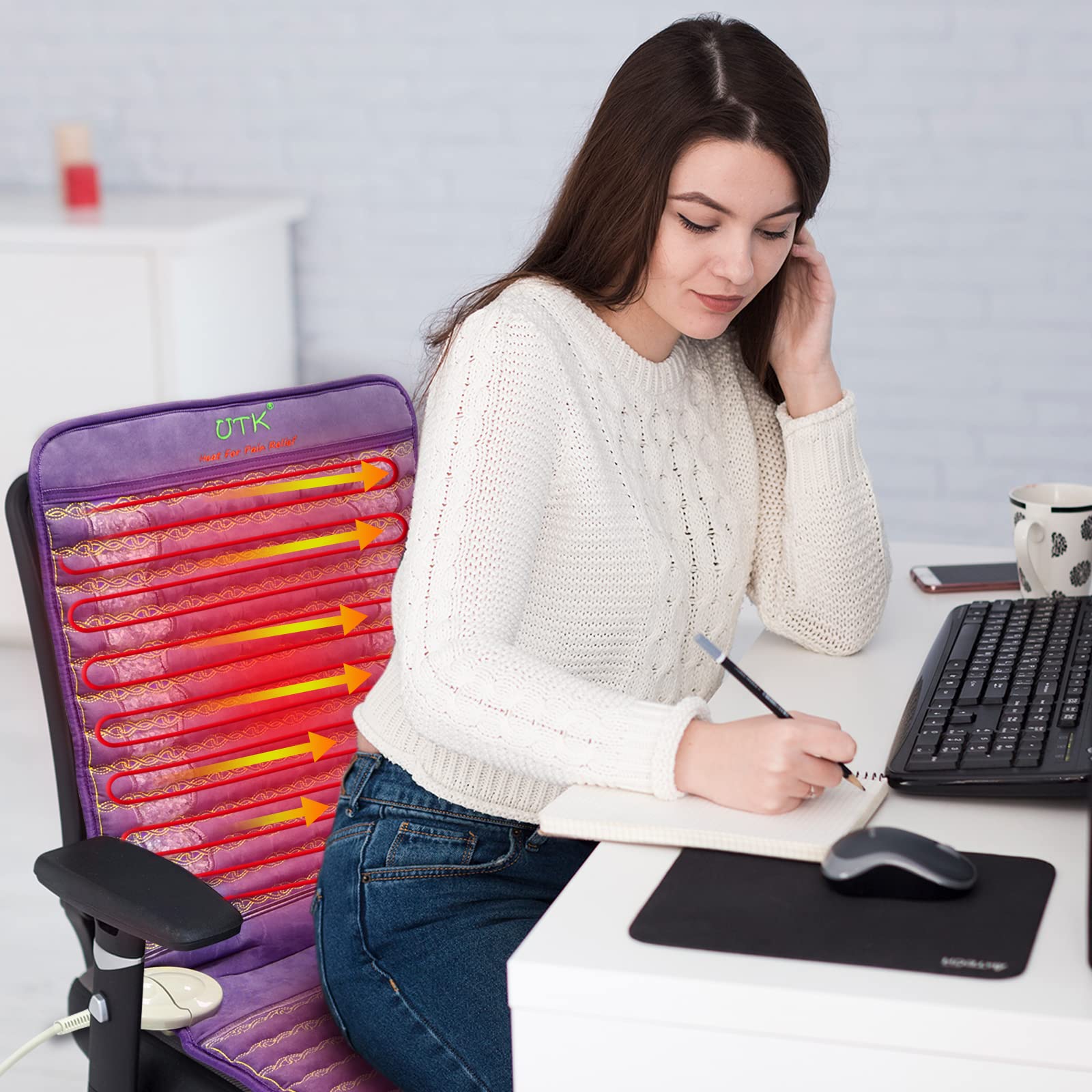 UTK large infrared heating pad on full back showing deep, comforting heat.
