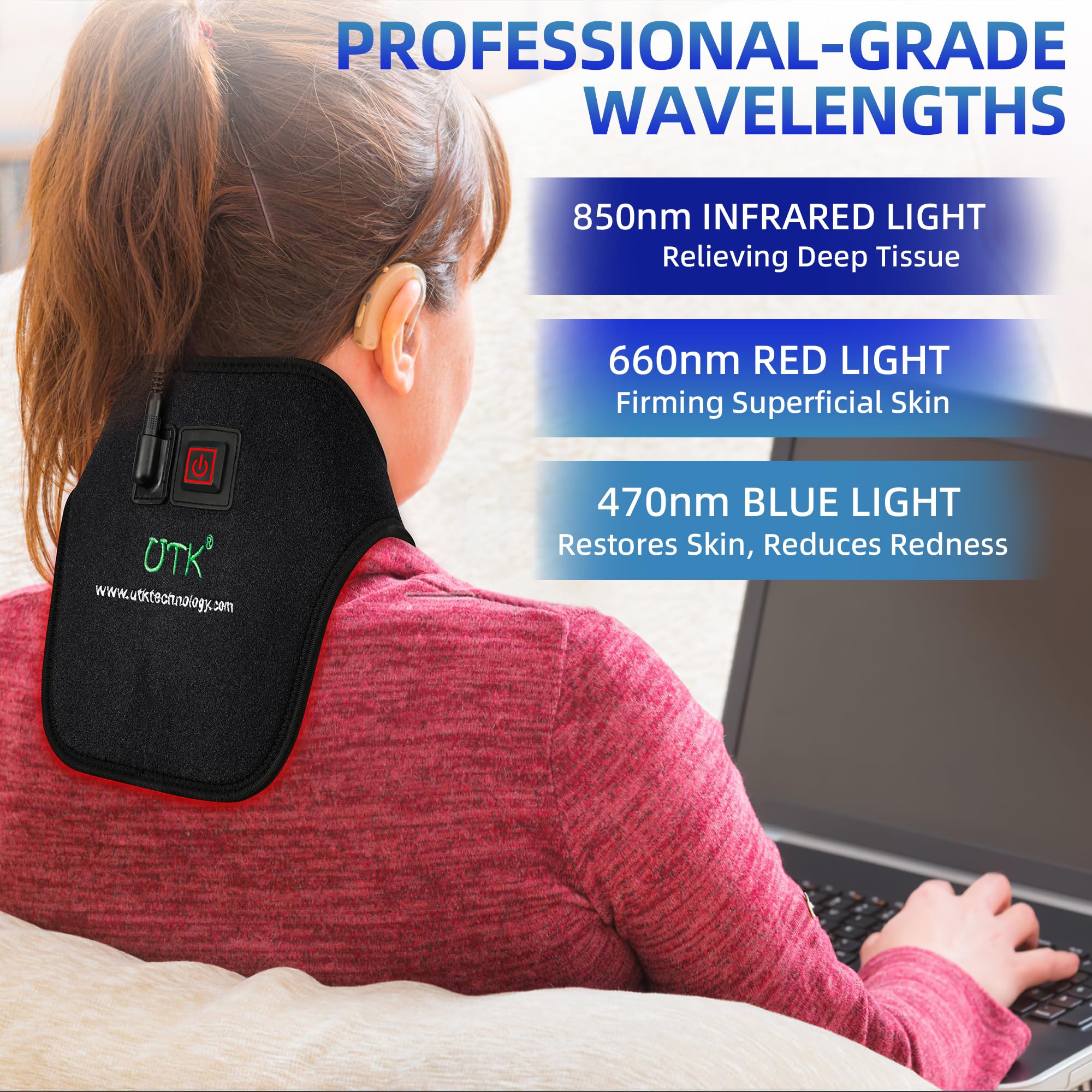 UTK neck wrap highlighting a four‑chip LED array for intensified therapy