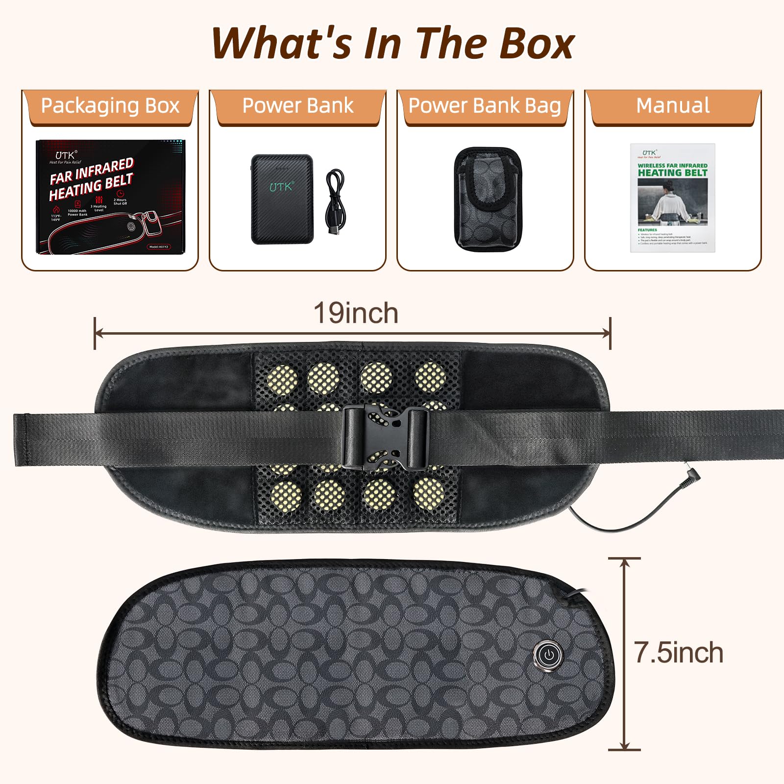 UTK rechargeable battery belt powering hours of warmth on the go.