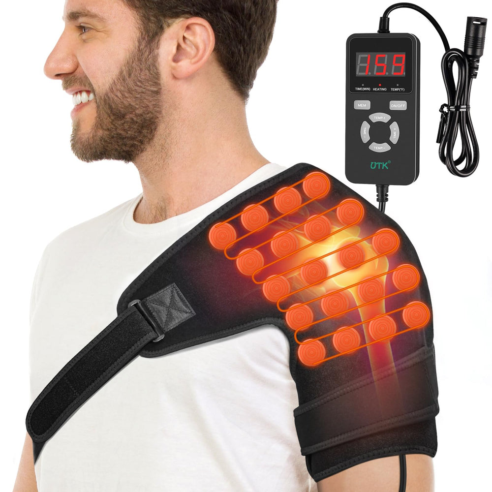 UTK shoulder heating pad demonstrates far infrared therapy for soothing warmth and improved circulation.