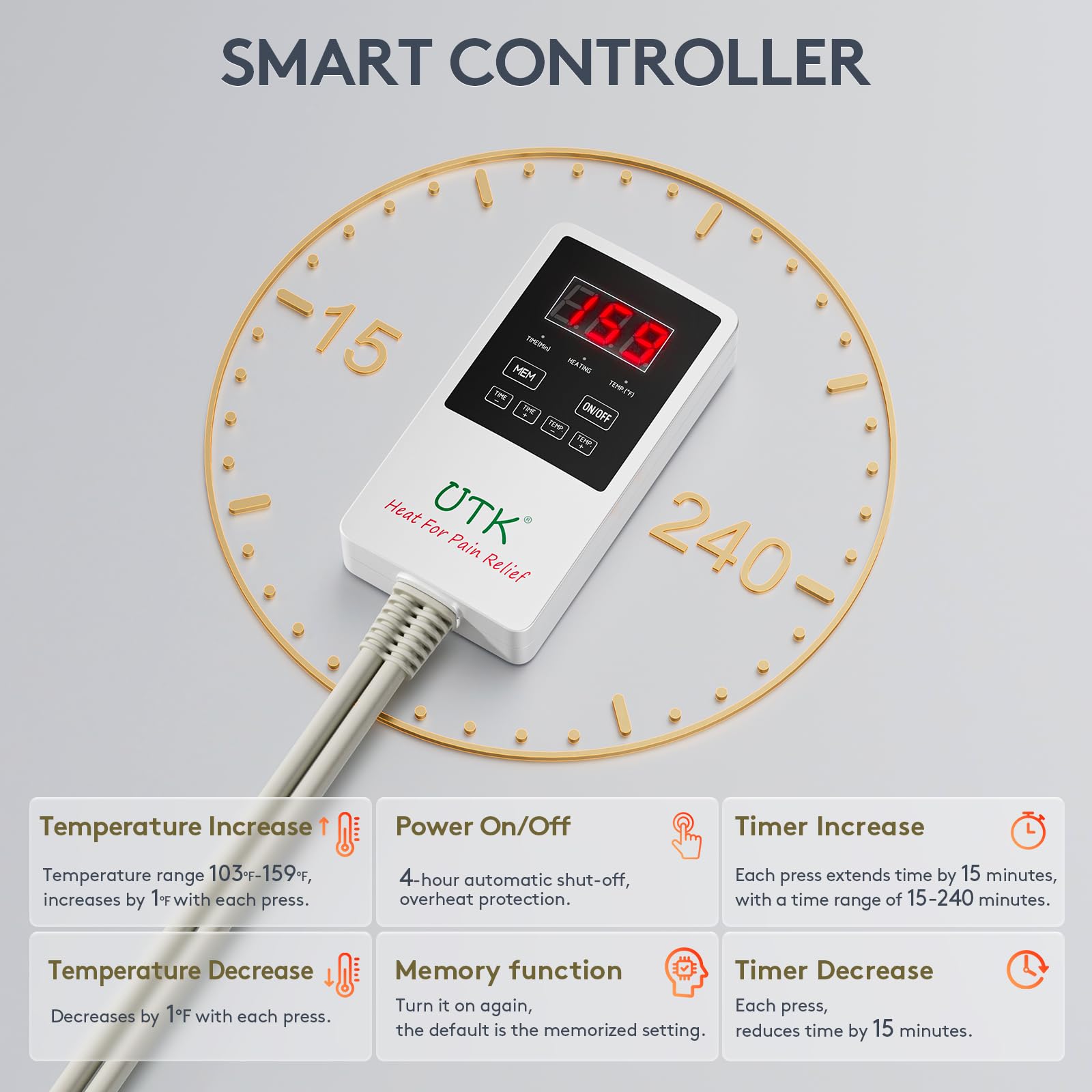 UTK Temperature range 103-159°F supports customizable sessions.