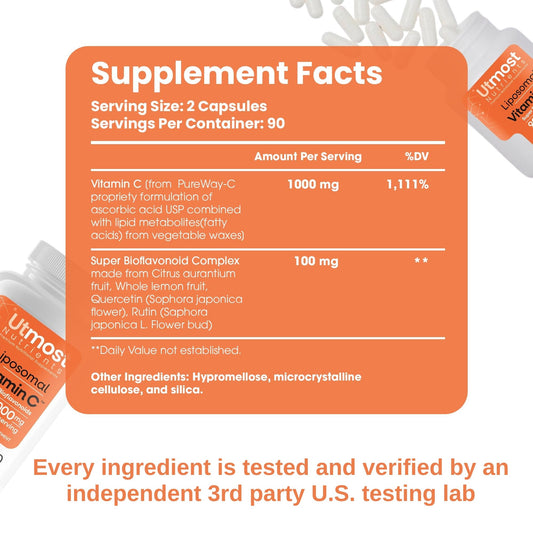 Utmost Nutrients Liposomal Vitamin C capsules ready to swallow.