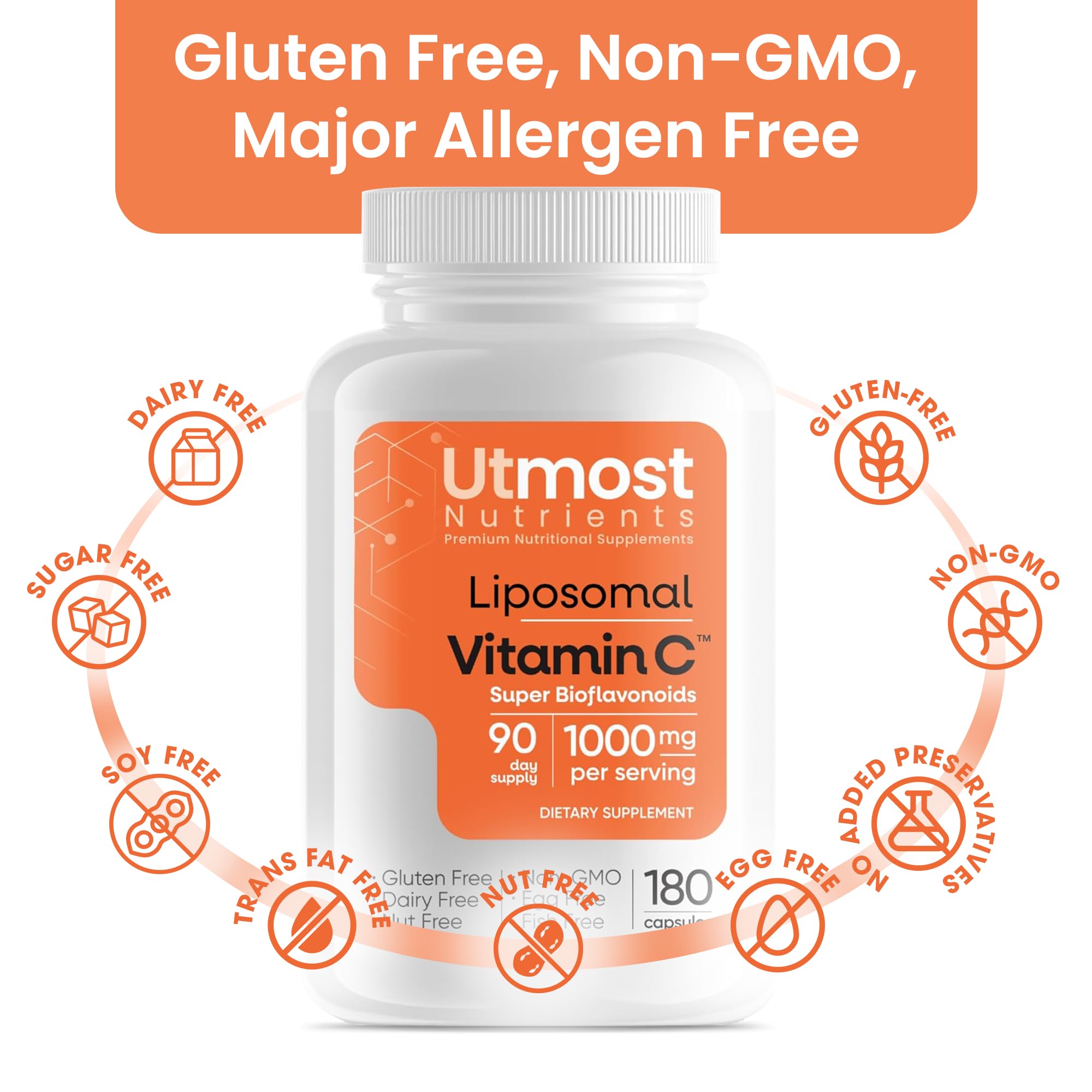 Utmost Nutrients U.S. made badge and third-party testing seal.