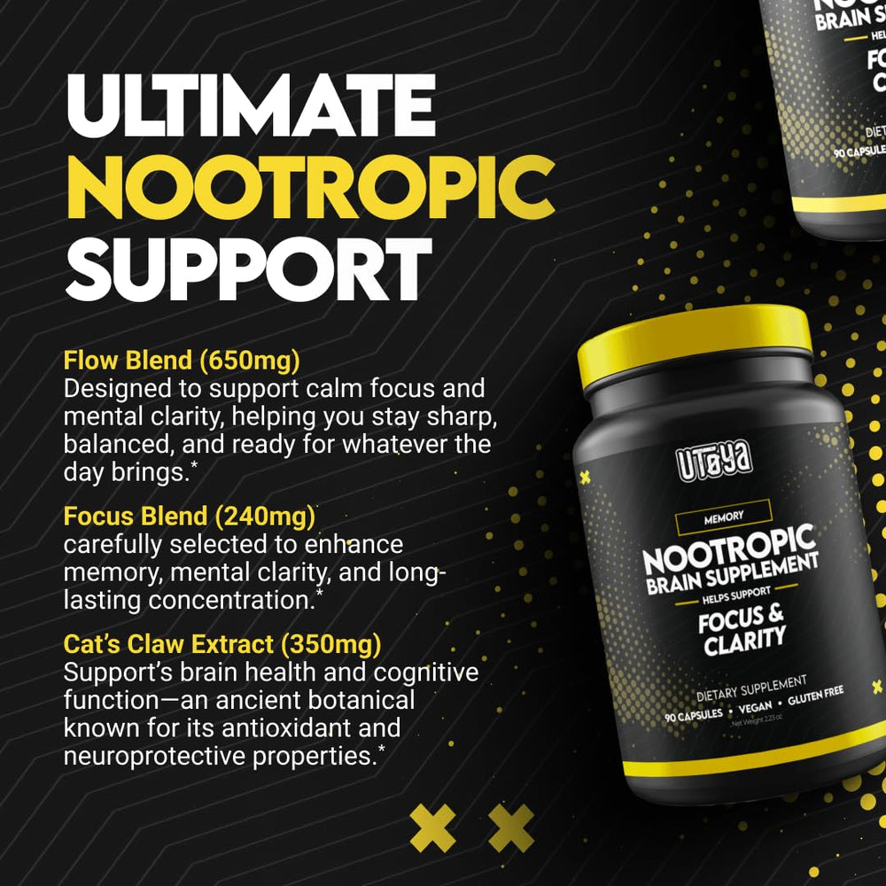 UTOYA ingredients blend close-up shows nootropic list for natural brain support.