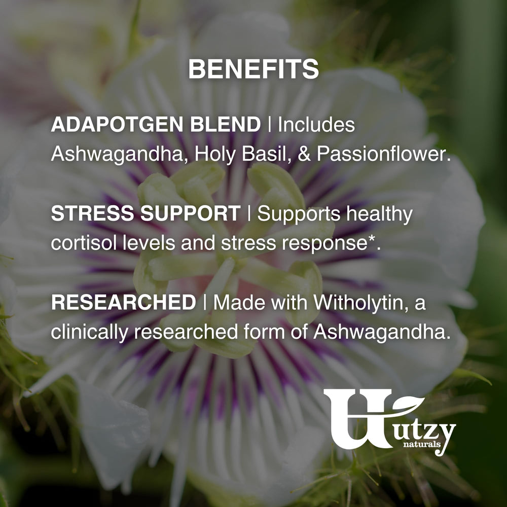 Utzy Naturals Adapto-Calm Tulsi Holy Basil showcases natural adaptogenic support.