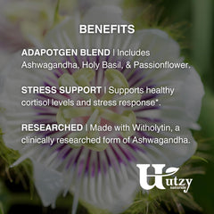 Utzy Naturals Adapto-Calm Tulsi Holy Basil showcases natural adaptogenic support.