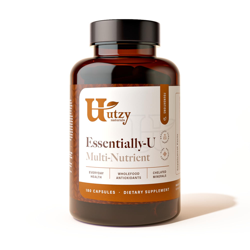 Utzy Naturals Essentially-U bottle on a clean counter supports daily wellness