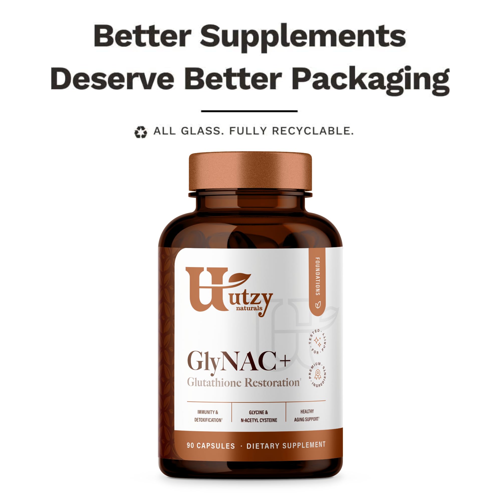 Utzy Naturals GlyNAC+ capsules on a clean kitchen countertop highlighting daily routine use.