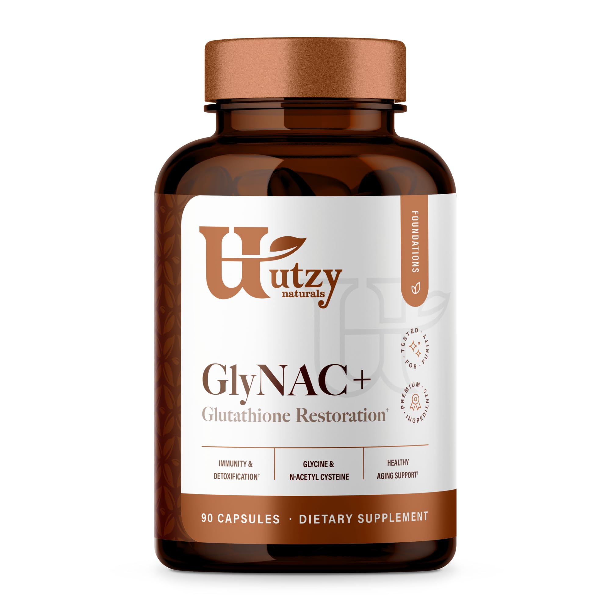 Utzy Naturals GlyNAC+ bottle with 90 capsules for supporting natural glutathione production.