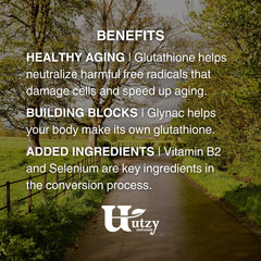 Utzy Naturals GlyNAC+ bottle shows a vegetarian formula free of artificial colors and flavors.