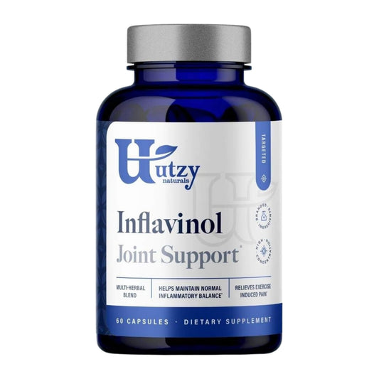Utzy Naturals Inflavinol bottle front promoting daily joint comfort.