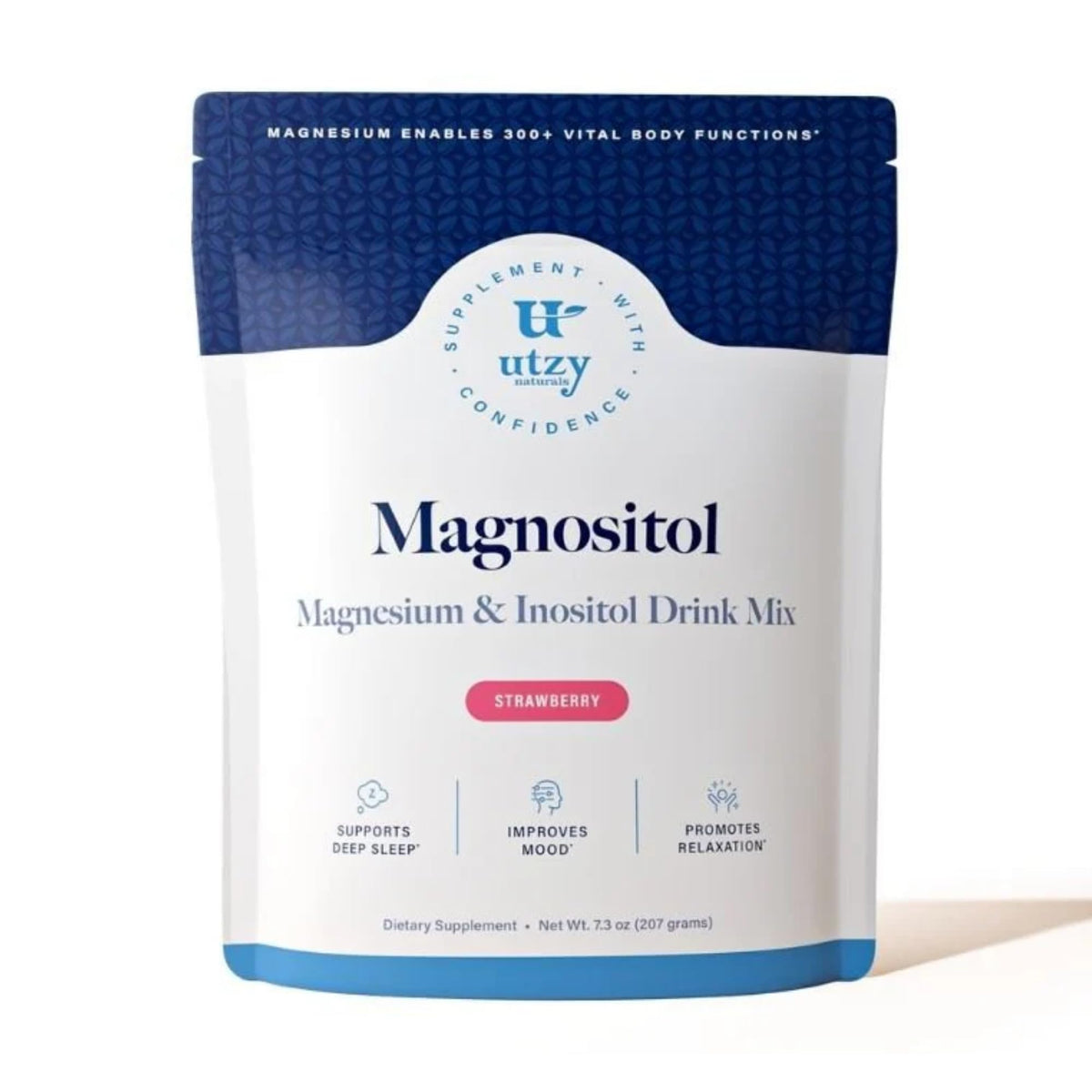 Utzy Naturals Magnositol bottle front, promoting relaxation and restful sleep.