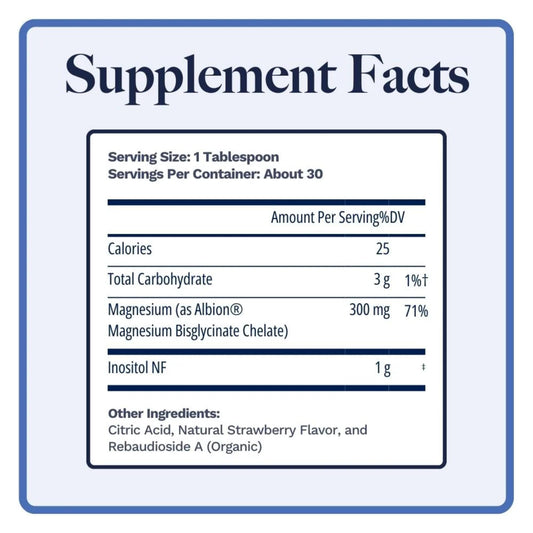 Magnositol bottle back label showing ingredients and GMP assurance.
