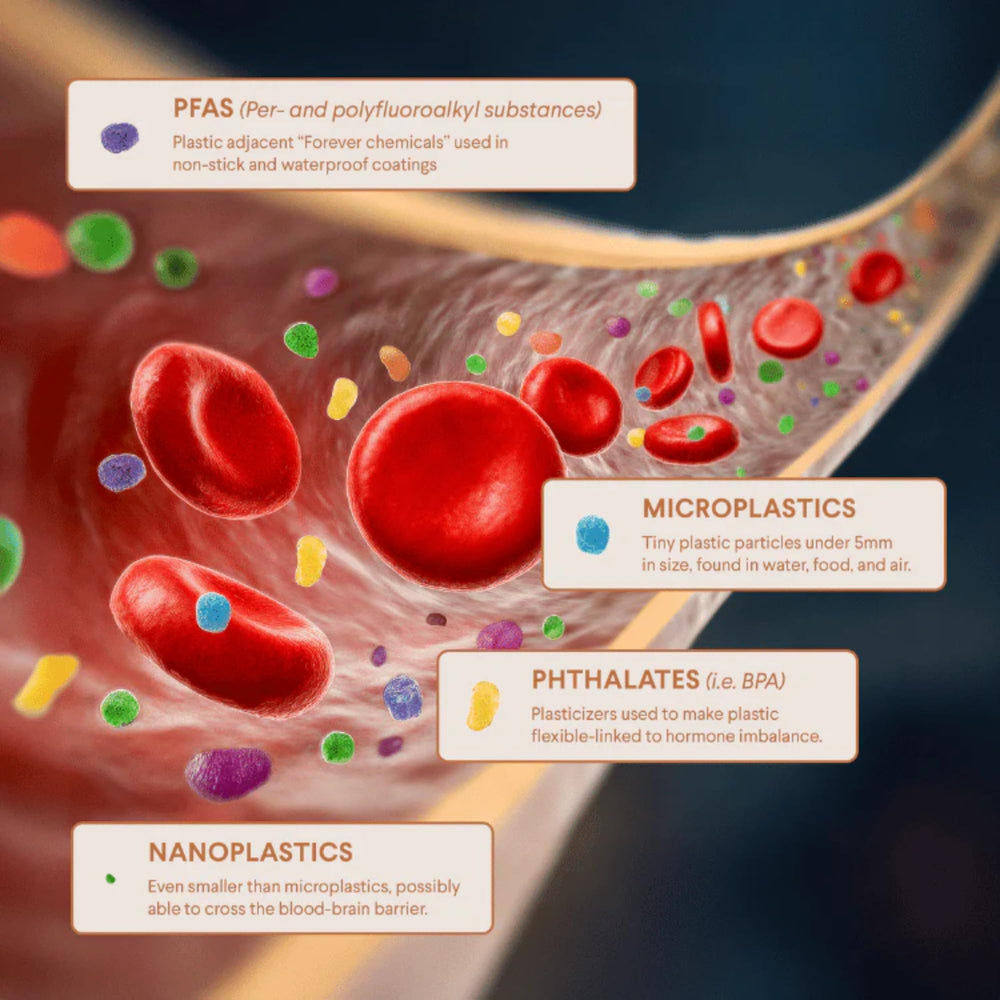 Utzy Naturals Microplastic Daily Detox Shilajit imagery emphasizing mineral-rich resilience.