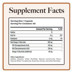 Utzy Naturals Omega-3 bottle back label shows ingredients and guidance.