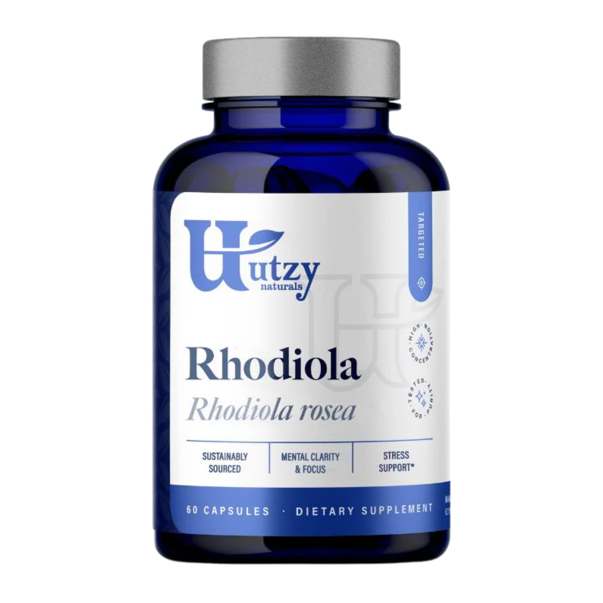 Utzy Naturals Rhodiola bottle label showcases premium adaptogen formula for mood support.